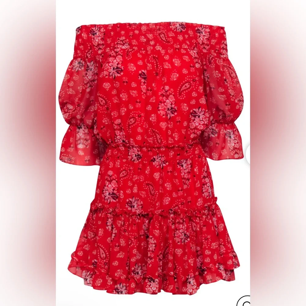 MISA Los Angeles - Off Shoulder Red Print Smocked Waist Mini Dress Small - Picture 2 of 4
